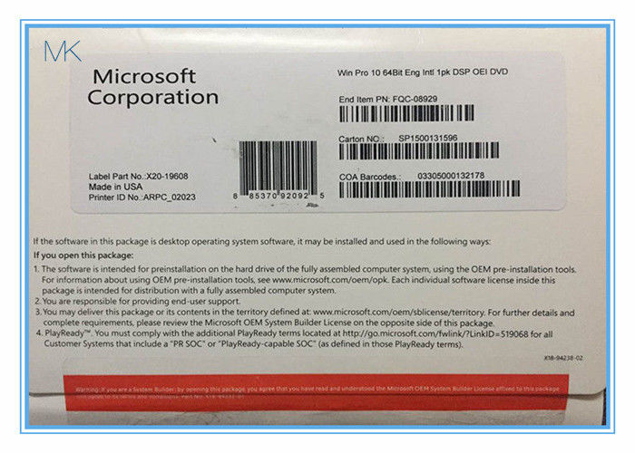 Microsoft Windows Software Microsoft Windows 10 Pro Oem 64 Bit System Builder DVD