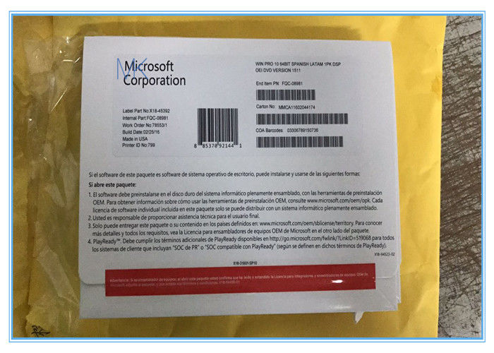 Sealed Microsoft Windows 10 Pro Professional OEM COA 64 Bit DVD Pack in Spanish